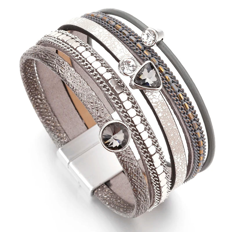 Crystal Cascade Bracelet – Resin Charm Multilayer Leather Wrap - Luxepulse