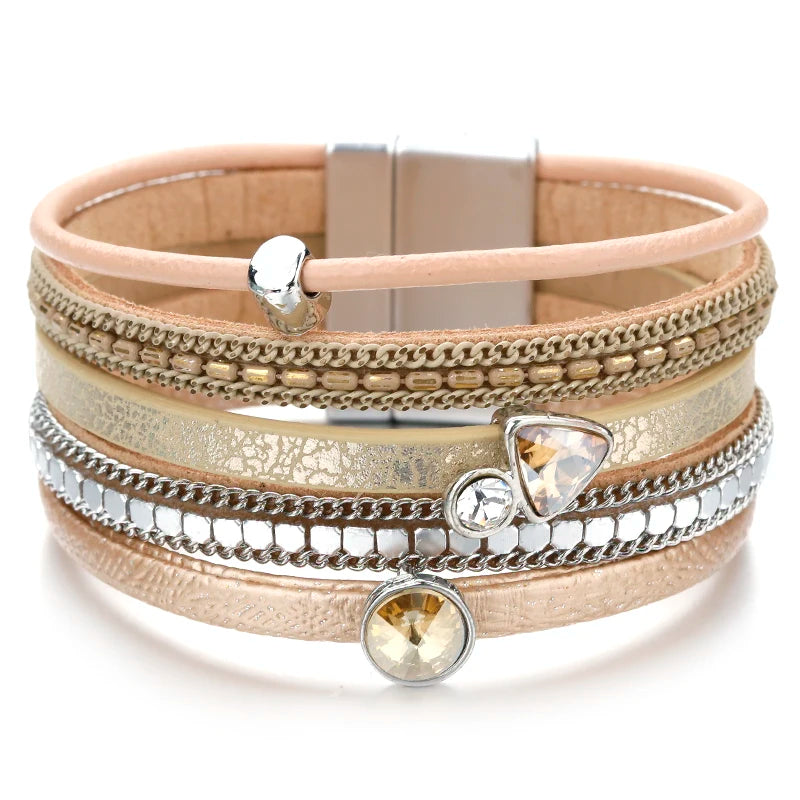 Crystal Cascade Bracelet – Resin Charm Multilayer Leather Wrap - Luxepulse