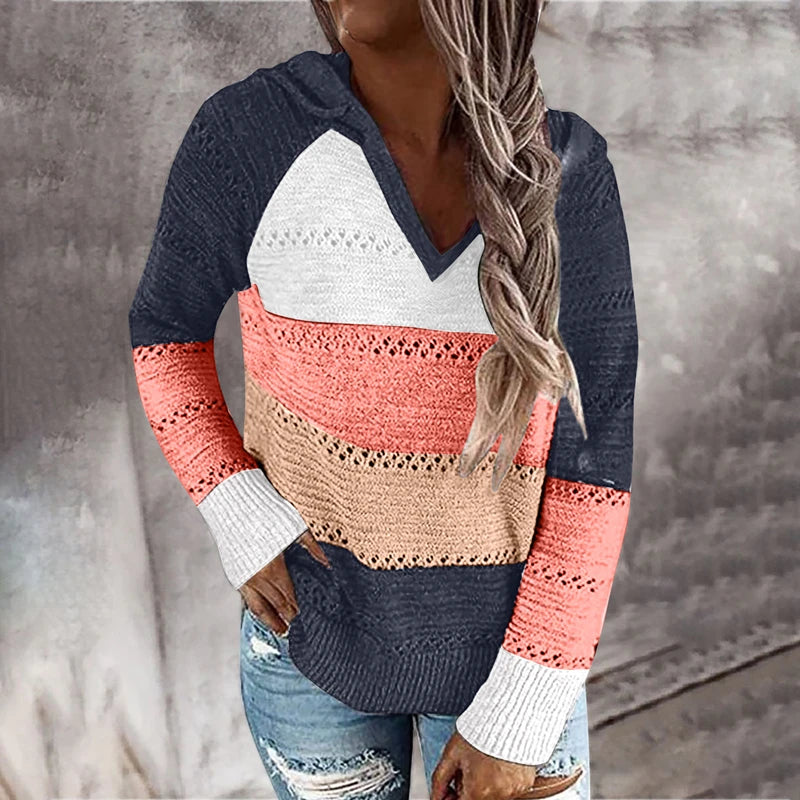 Patchwork V-Neck Hooded Sweater for Women – Casual Striped Pullover - Luxepulse