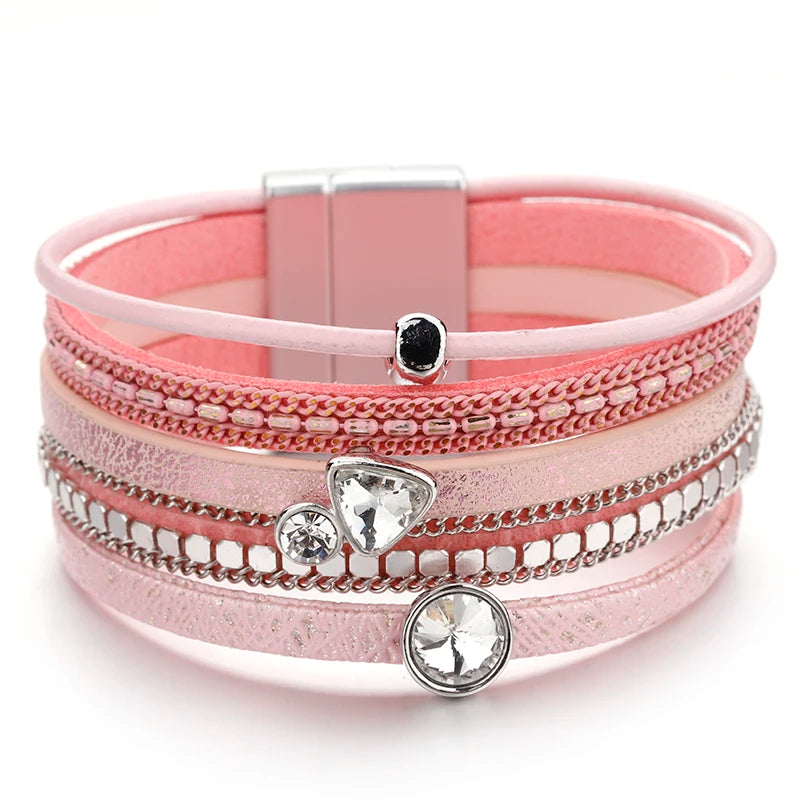 Crystal Cascade Bracelet – Resin Charm Multilayer Leather Wrap - Luxepulse