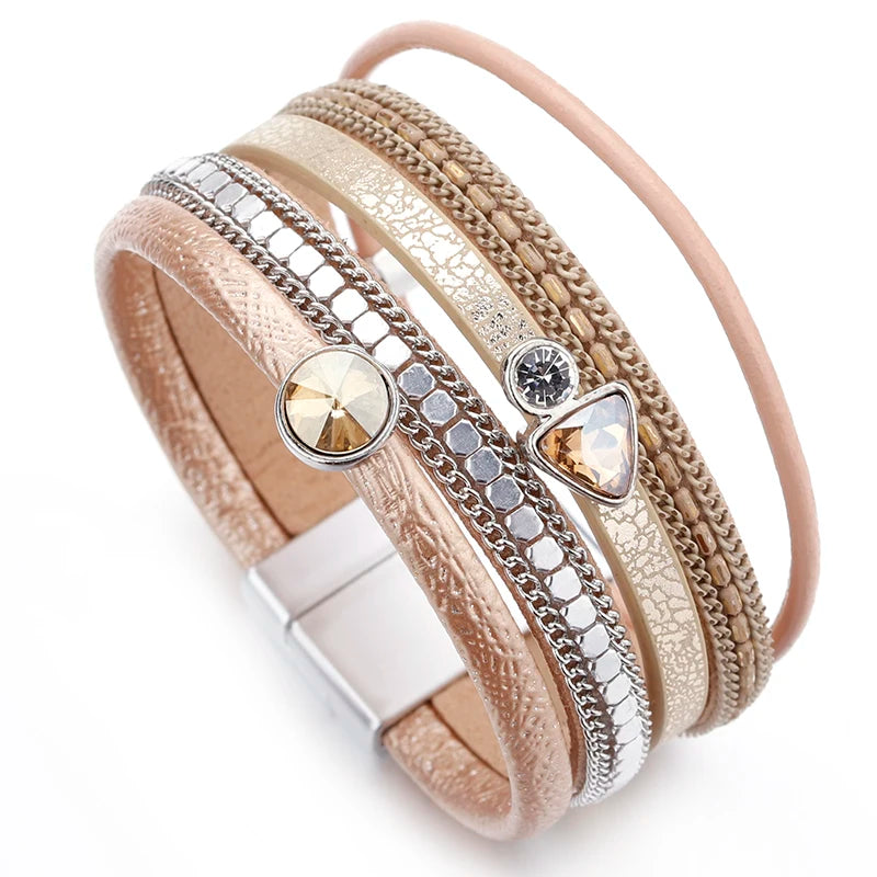 Crystal Cascade Bracelet – Resin Charm Multilayer Leather Wrap - Luxepulse