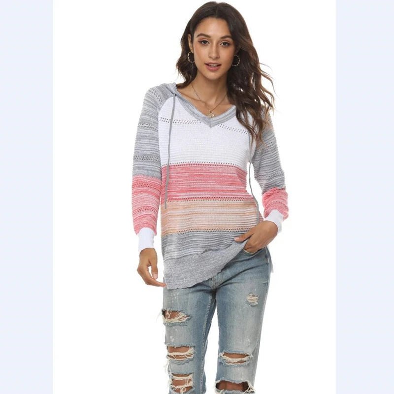 Patchwork V-Neck Hooded Sweater for Women – Casual Striped Pullover - Luxepulse