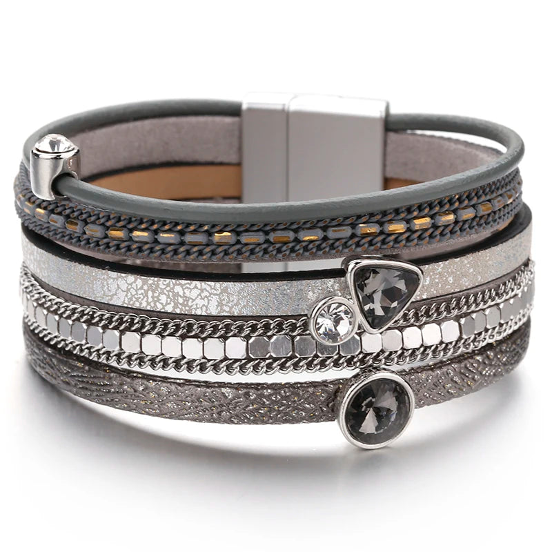 Crystal Cascade Bracelet – Resin Charm Multilayer Leather Wrap - Luxepulse