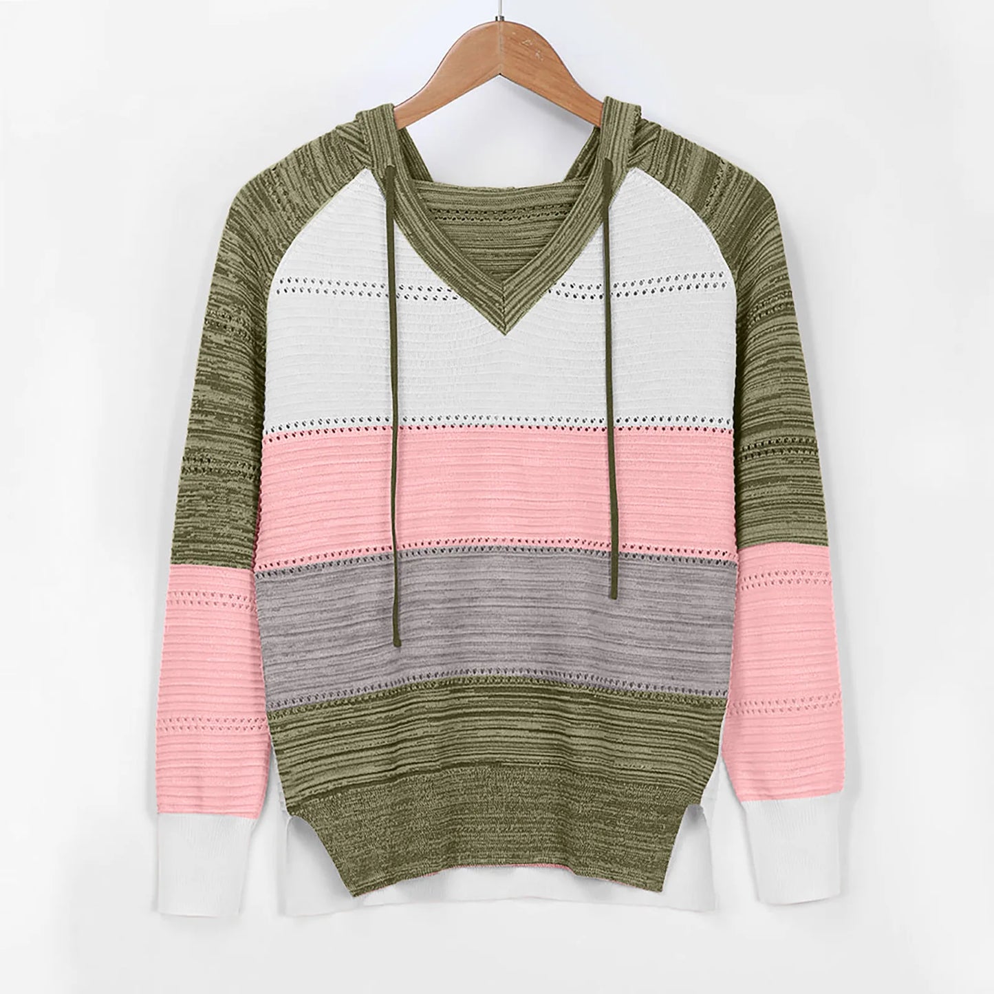 Patchwork V-Neck Hooded Sweater for Women – Casual Striped Pullover - Luxepulse