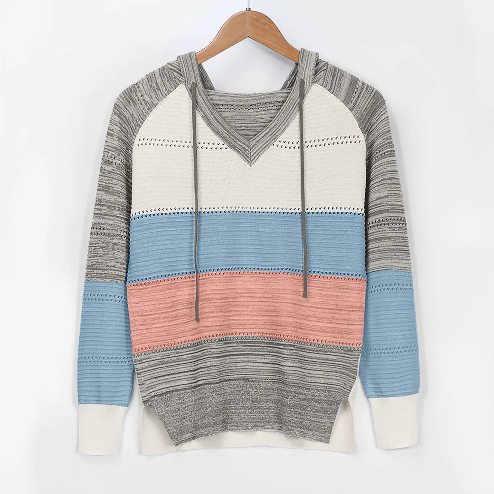 Patchwork V-Neck Hooded Sweater for Women – Casual Striped Pullover - Luxepulse