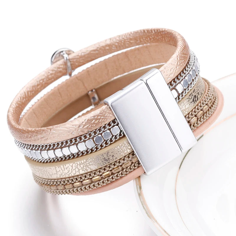 Crystal Cascade Bracelet – Resin Charm Multilayer Leather Wrap - Luxepulse