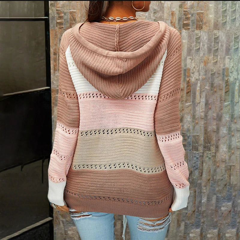 Patchwork V-Neck Hooded Sweater for Women – Casual Striped Pullover - Luxepulse