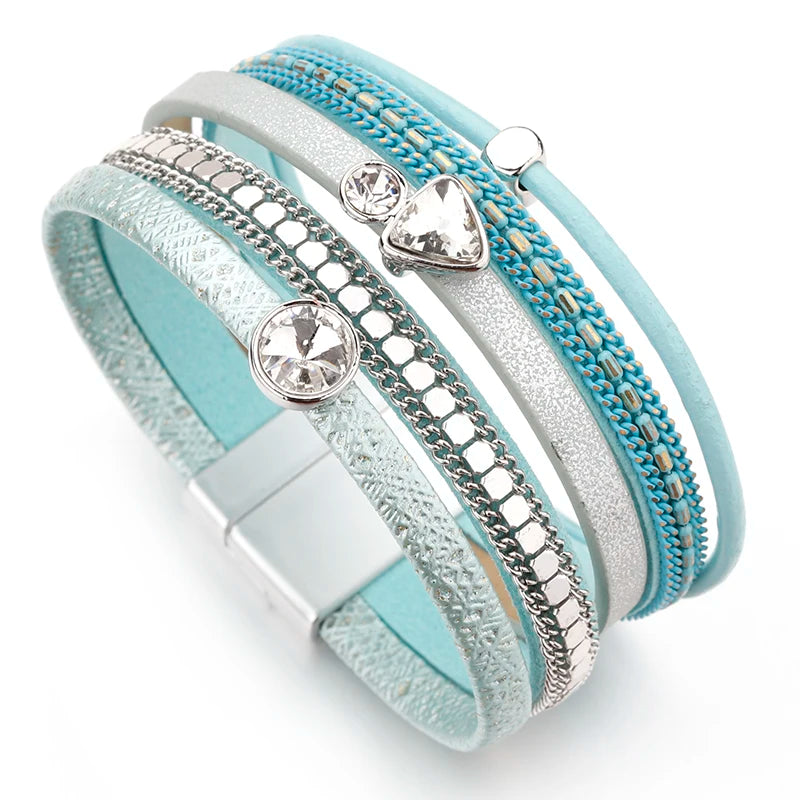 Crystal Cascade Bracelet – Resin Charm Multilayer Leather Wrap - Luxepulse