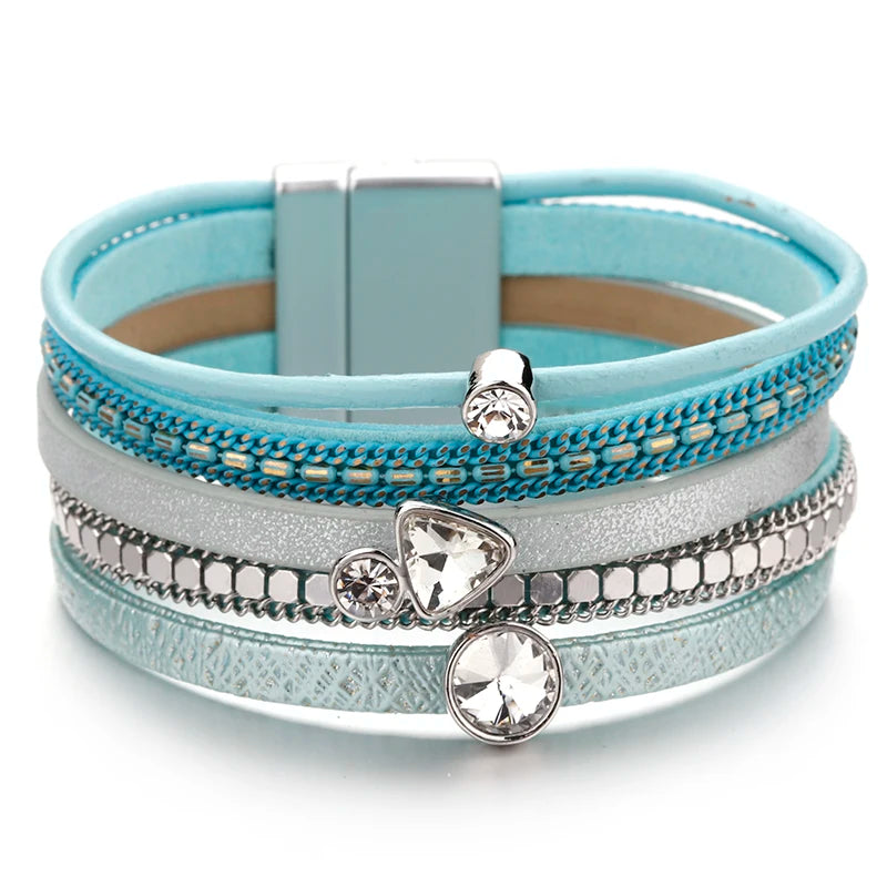 Crystal Cascade Bracelet – Resin Charm Multilayer Leather Wrap - Luxepulse