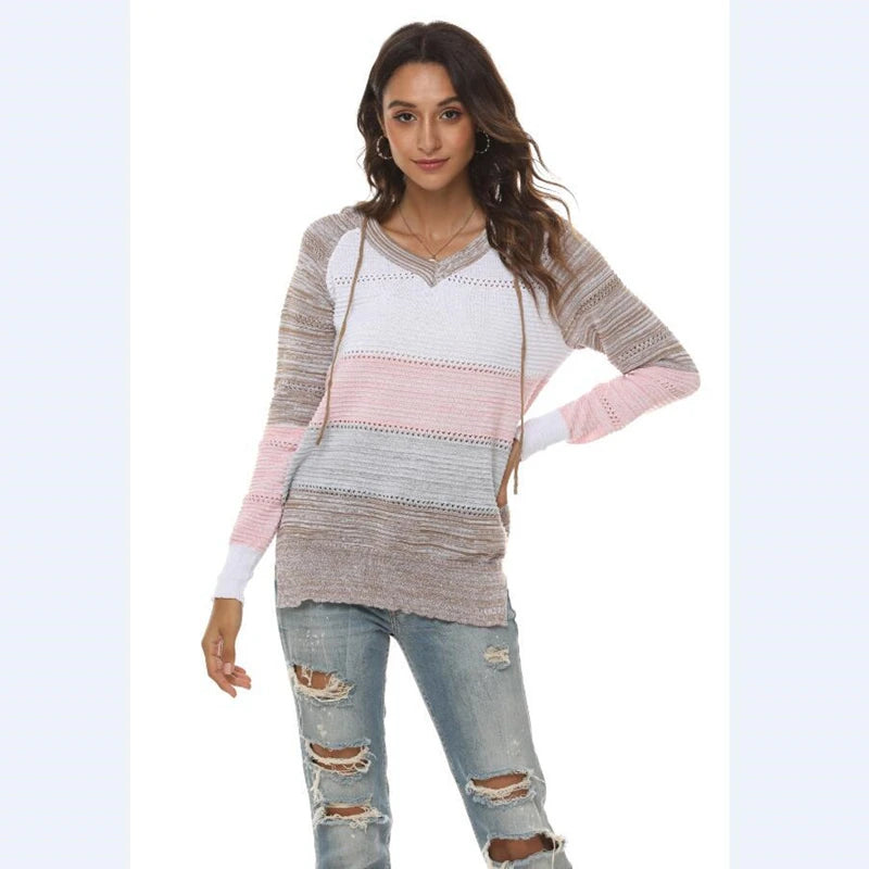 Patchwork V-Neck Hooded Sweater for Women – Casual Striped Pullover - Luxepulse