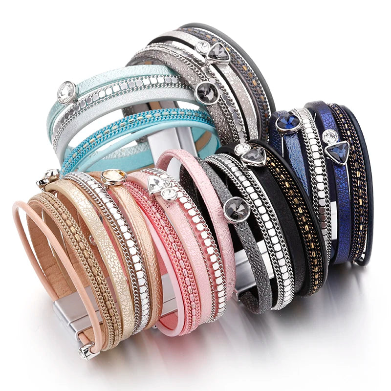 Crystal Cascade Bracelet – Resin Charm Multilayer Leather Wrap - Luxepulse