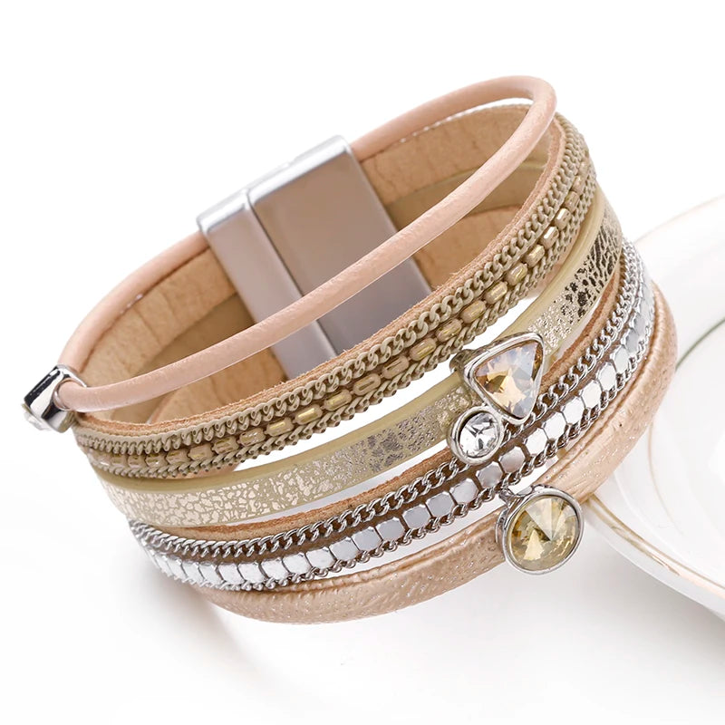 Crystal Cascade Bracelet – Resin Charm Multilayer Leather Wrap - Luxepulse