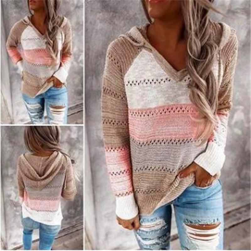 Patchwork V-Neck Hooded Sweater for Women – Casual Striped Pullover - Luxepulse