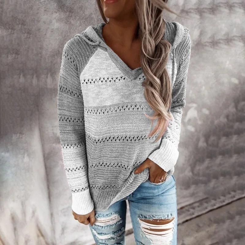 Patchwork V-Neck Hooded Sweater for Women – Casual Striped Pullover - Luxepulse