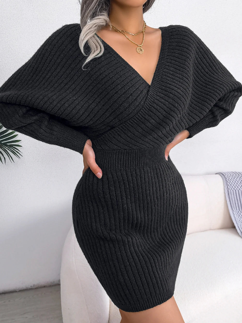 Long Sleeve Knitted Cozy Elegant Sweater Dress - Luxepulse