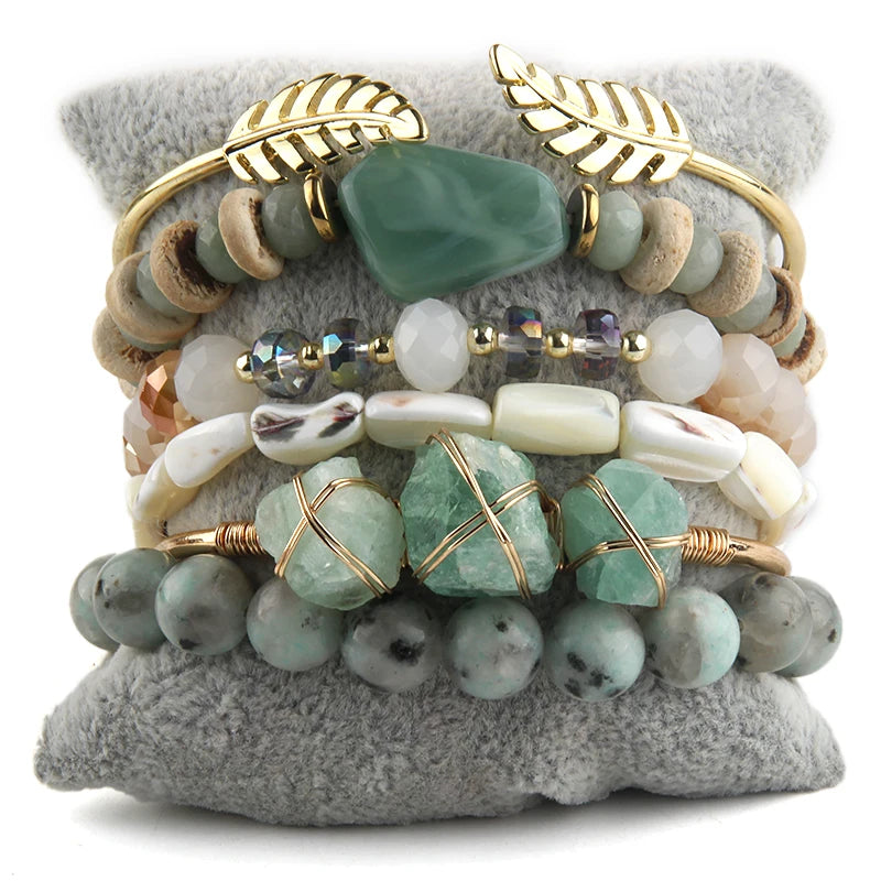 5-Piece Stone & Crystal Charm Bracelet Set - Luxepulse