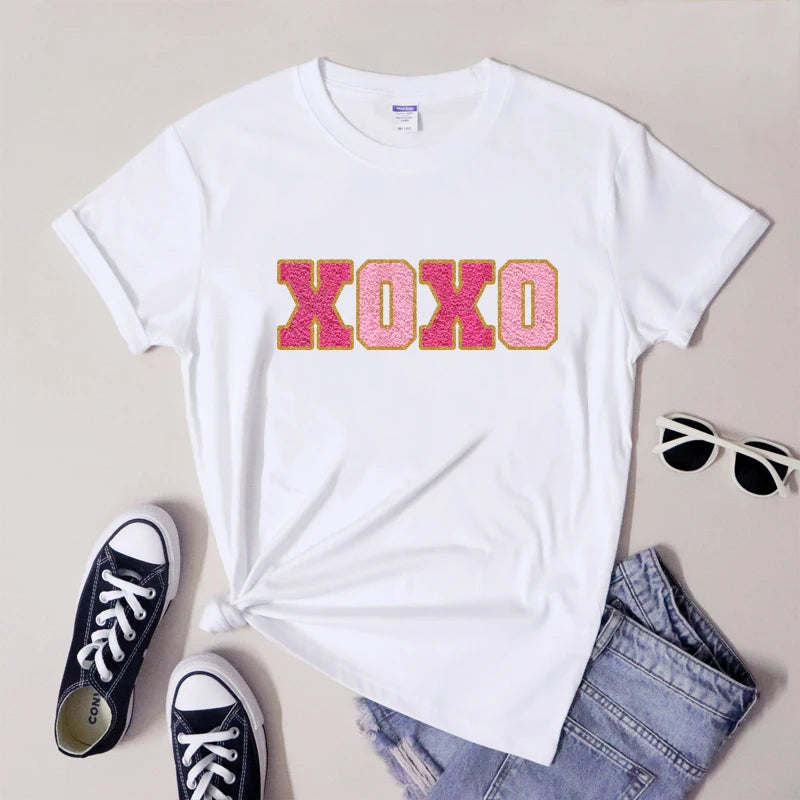 Trendy Valentines Day XOXO Patch Print T-Shirt: - Luxepulse