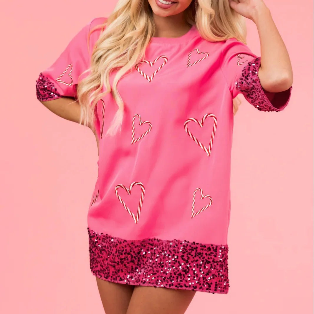 Women's Hot Pink Candy Cane Heart Print T-Shirt with Sparkle Sleeves – Casual & Fashionable - Luxepulse