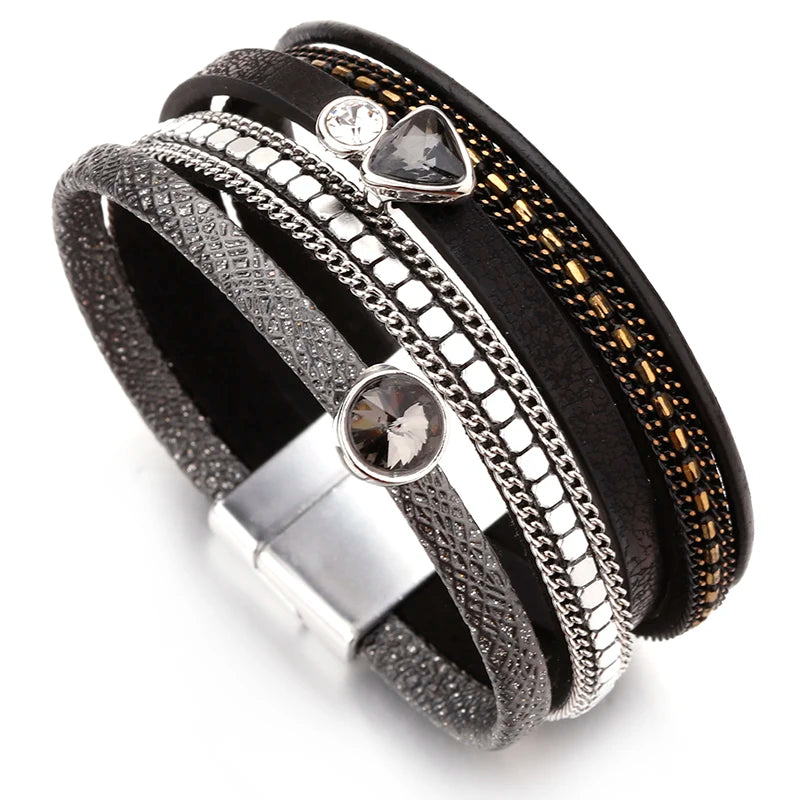 Crystal Cascade Bracelet – Resin Charm Multilayer Leather Wrap - Luxepulse