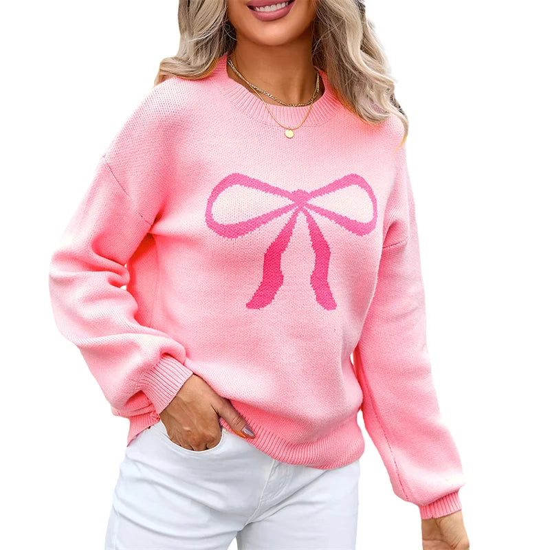 Bow Pattern Women’s Sweater – Trendy Loose Knit Pullover - Luxepulse