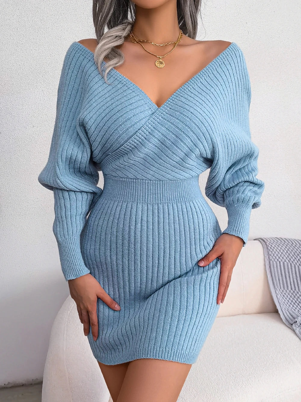 Long Sleeve Knitted Cozy Elegant Sweater Dress - Luxepulse