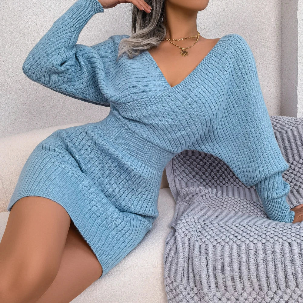 Long Sleeve Knitted Cozy Elegant Sweater Dress - Luxepulse