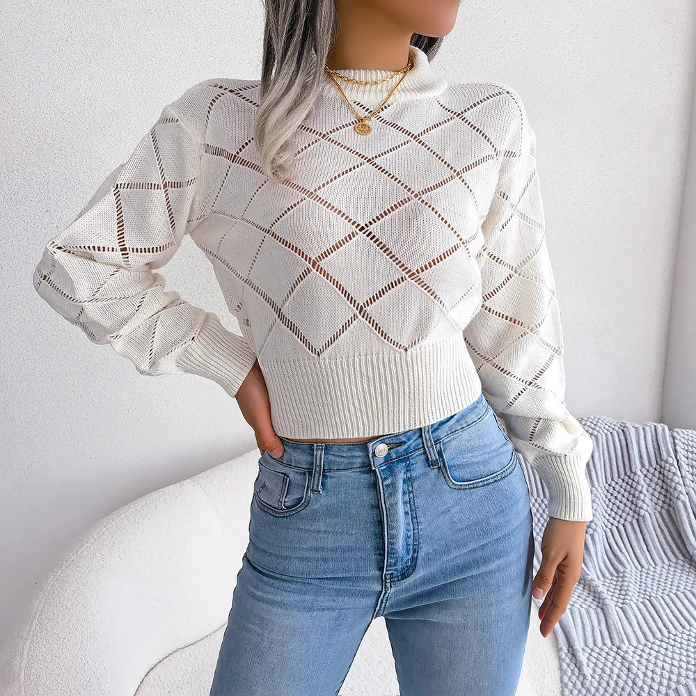 Elegant Knit Crop Sweater – Casual Long Sleeve Pullover - Luxepulse