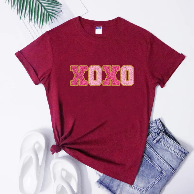 Trendy Valentines Day XOXO Patch Print T-Shirt: - Luxepulse