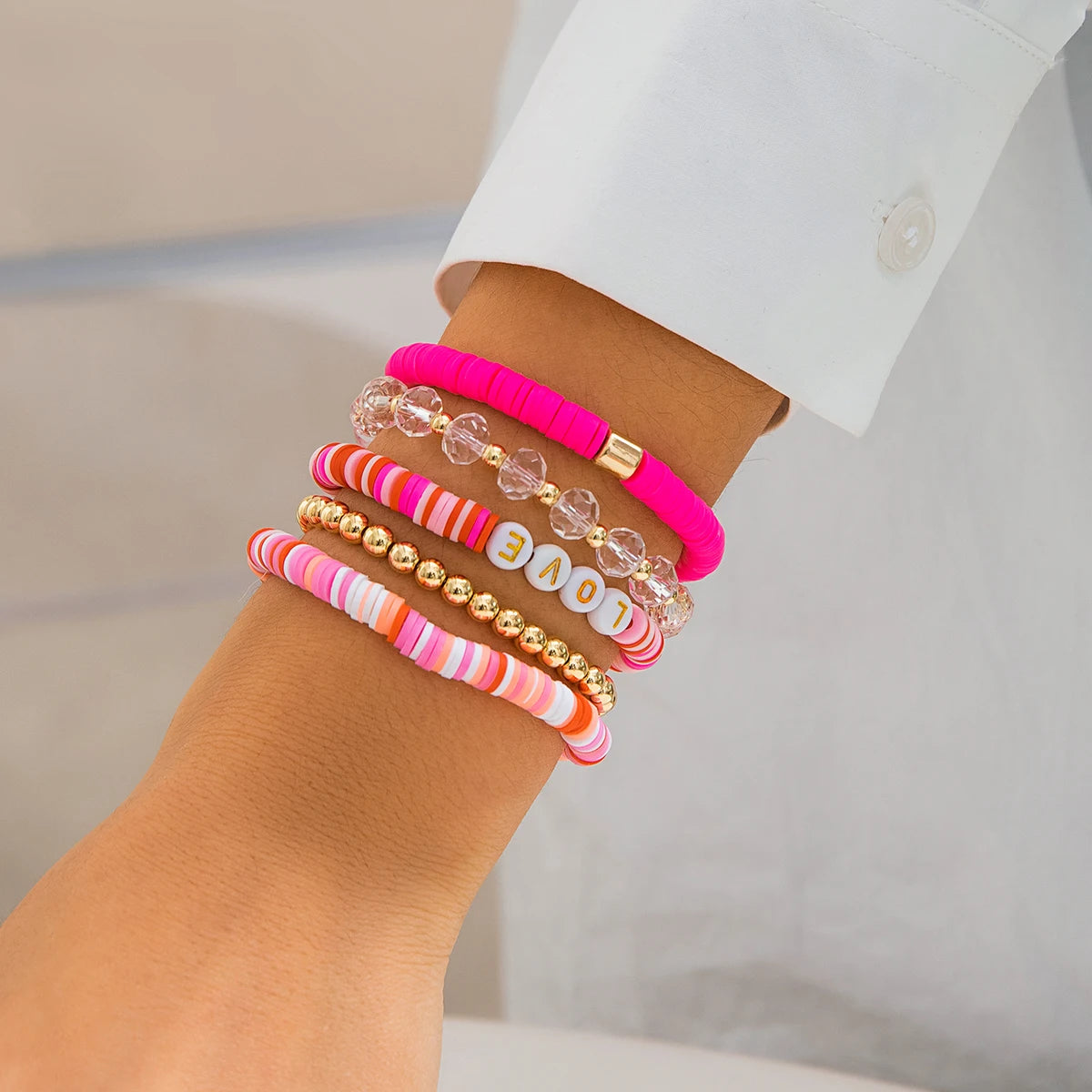 5Pcs Romantic Pink Bead Bracelet Set - Luxepulse