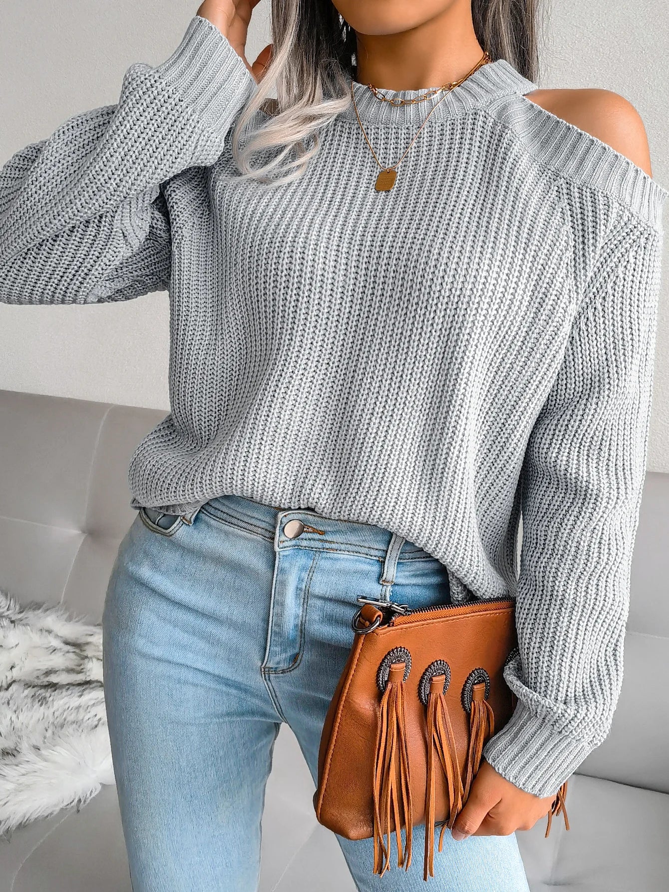 Off-Shoulder Sweater – Casual Knitted Pullover - Luxepulse