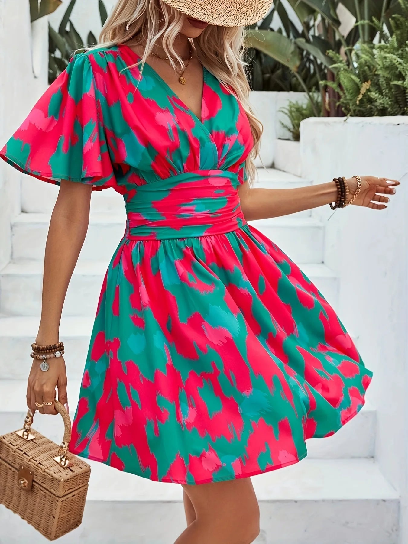 Tie Dye Tropical Breeze V-Neck Dress - Luxepulse