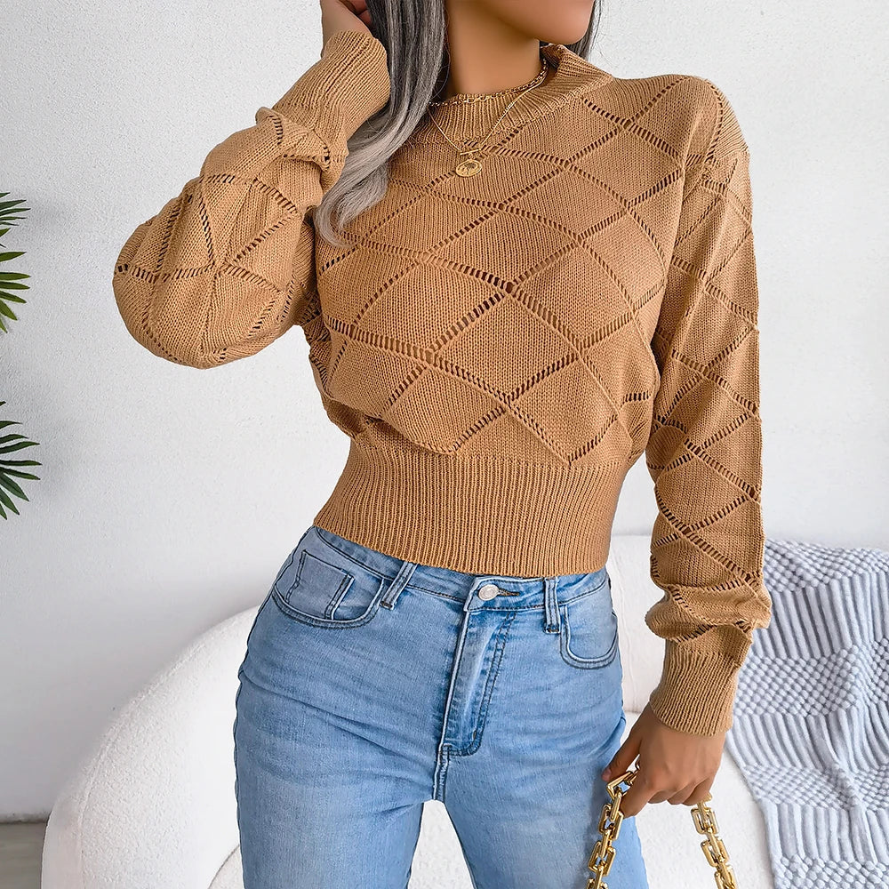 Elegant Knit Crop Sweater – Casual Long Sleeve Pullover - Luxepulse