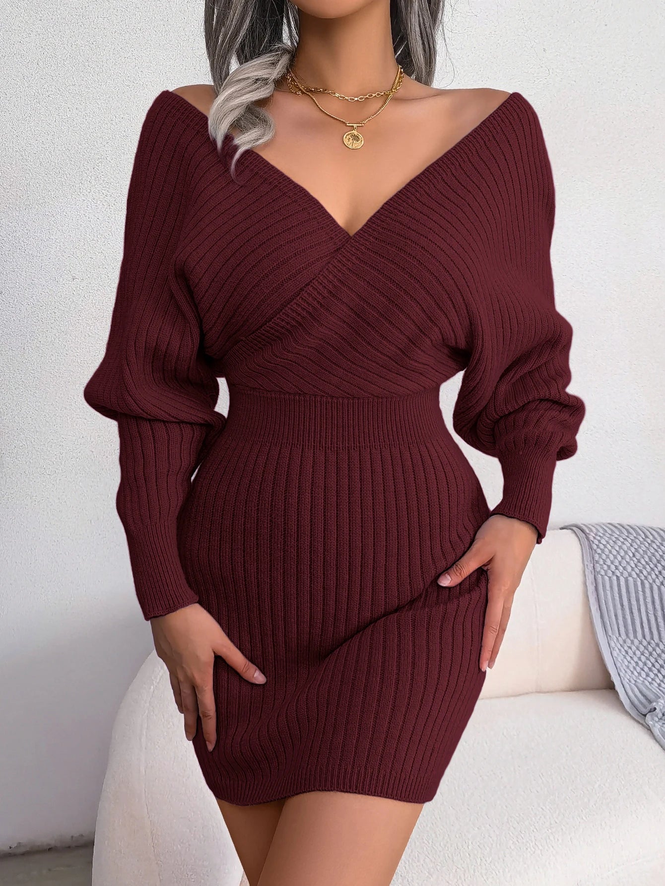 Long Sleeve Knitted Cozy Elegant Sweater Dress - Luxepulse