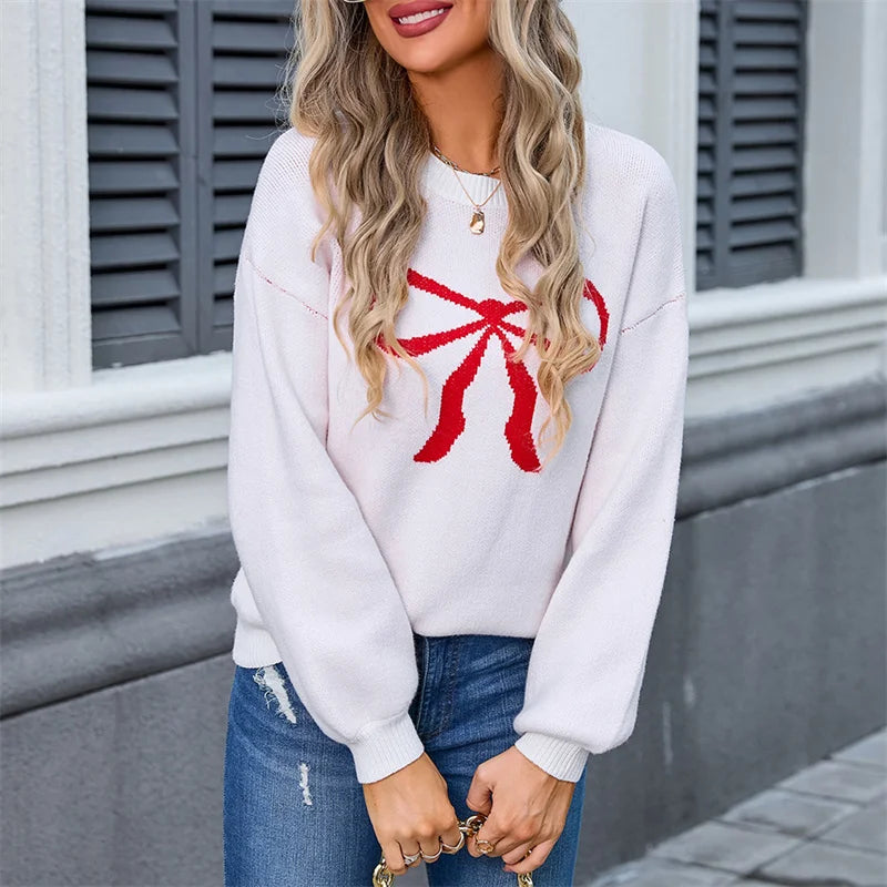 Bow Pattern Women’s Sweater – Trendy Loose Knit Pullover - Luxepulse