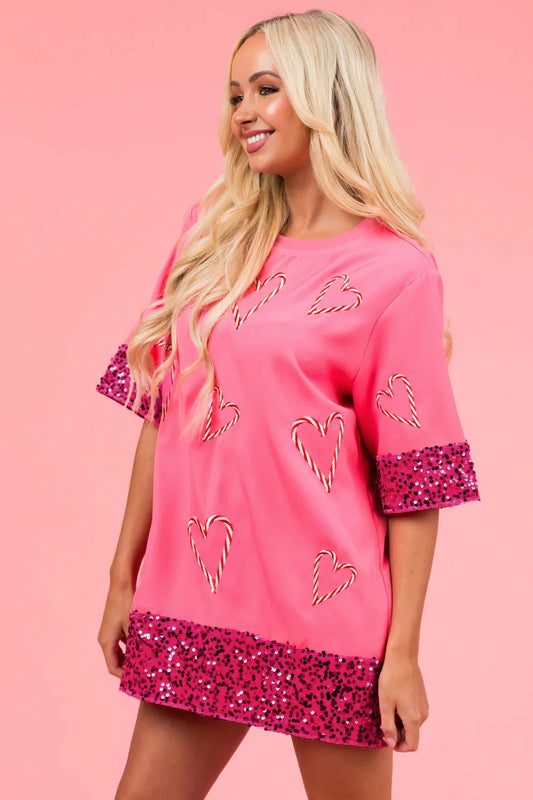 Women's Hot Pink Candy Cane Heart Print T-Shirt with Sparkle Sleeves – Casual & Fashionable - Luxepulse