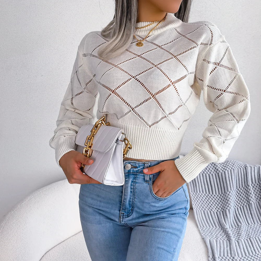 Elegant Knit Crop Sweater – Casual Long Sleeve Pullover - Luxepulse