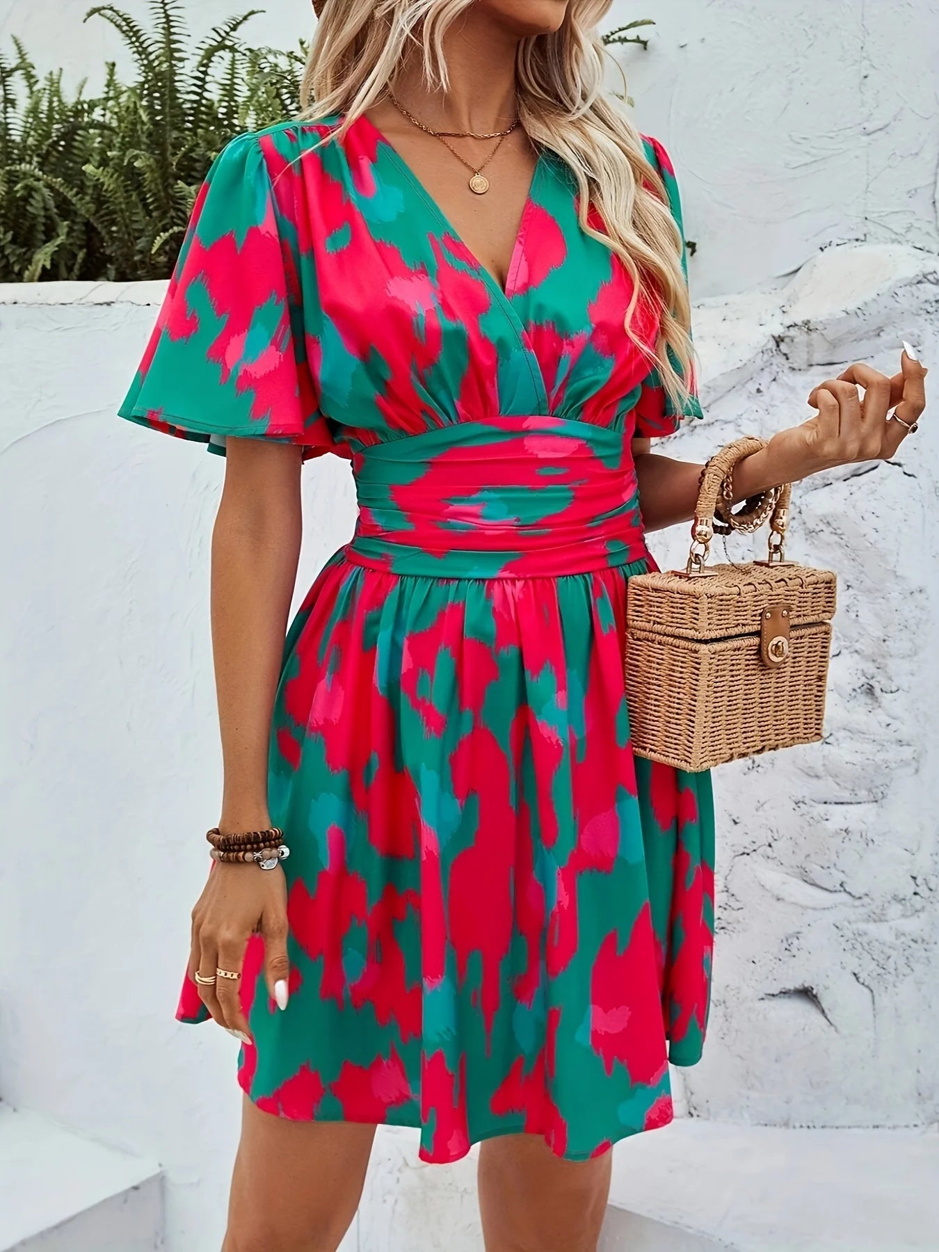 Tie Dye Tropical Breeze V-Neck Dress - Luxepulse