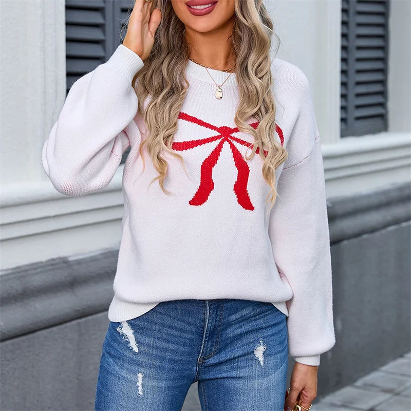 Bow Pattern Women’s Sweater – Trendy Loose Knit Pullover - Luxepulse