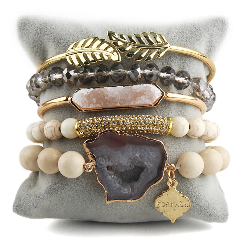 5-Piece Stone & Crystal Charm Bracelet Set - Luxepulse