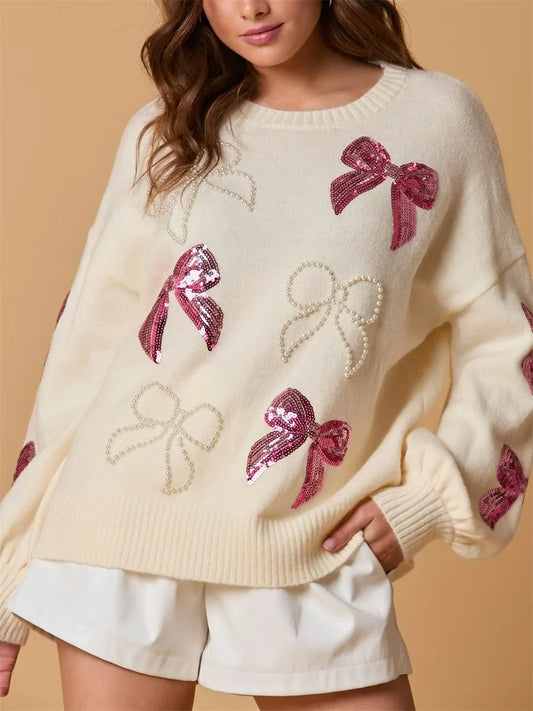 Pearl & Sequin Bow Designed Embroidered Knit Sweater - Luxepulse