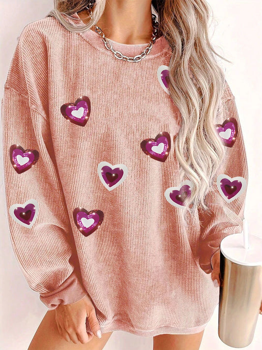 Adorable Women's Heart Design Ribbed Pullover Sweater - Luxepulse