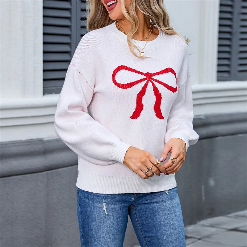 Bow Pattern Women’s Sweater – Trendy Loose Knit Pullover - Luxepulse