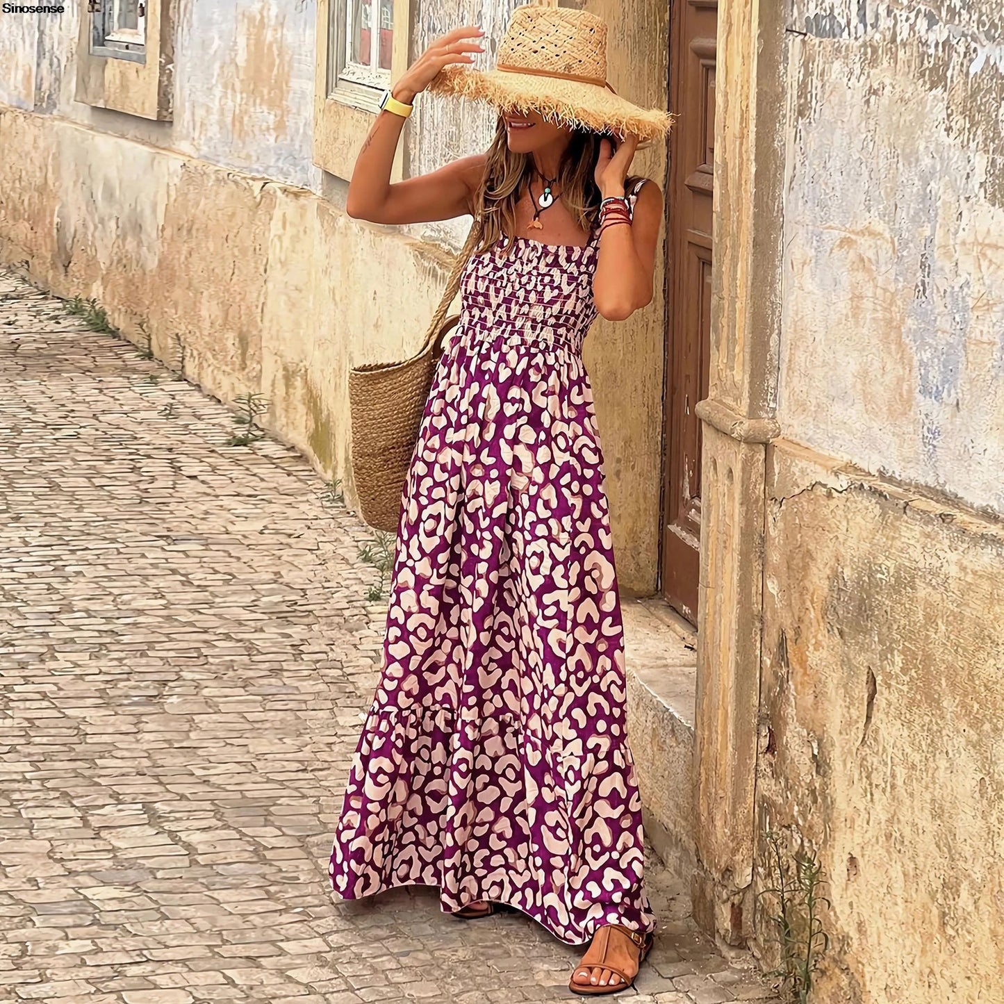 Cute & Stylish Maxi Dress – Purple Leopard Print Spaghetti Strap Beachwear - Luxepulse