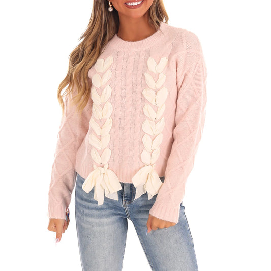 Women's Cute Cable Sweater – Cozy & Stylish Bow Tie Pullover - Luxepulse