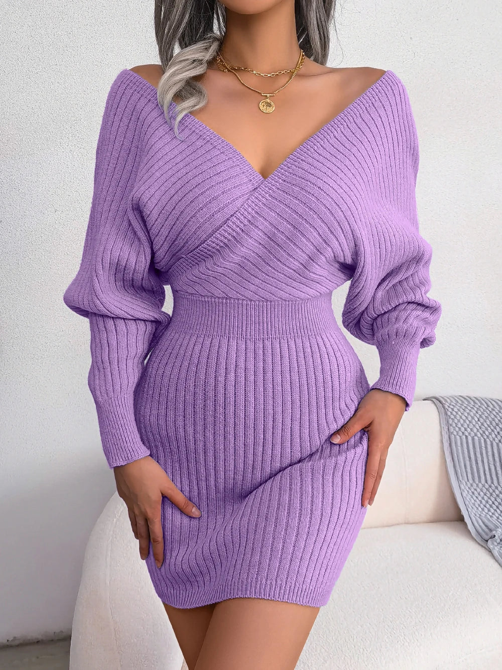 Long Sleeve Knitted Cozy Elegant Sweater Dress - Luxepulse