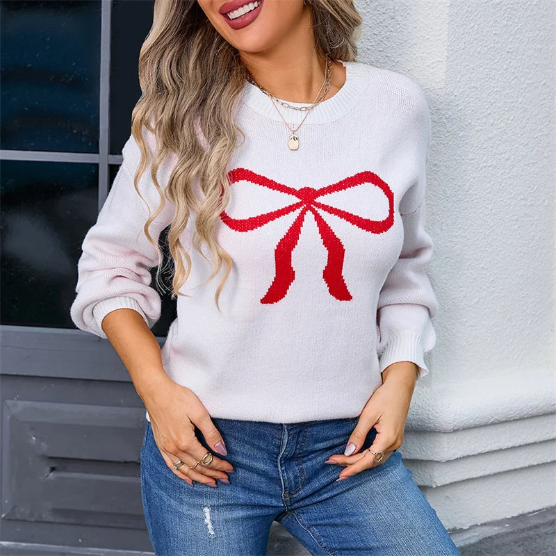 Bow Pattern Women’s Sweater – Trendy Loose Knit Pullover - Luxepulse