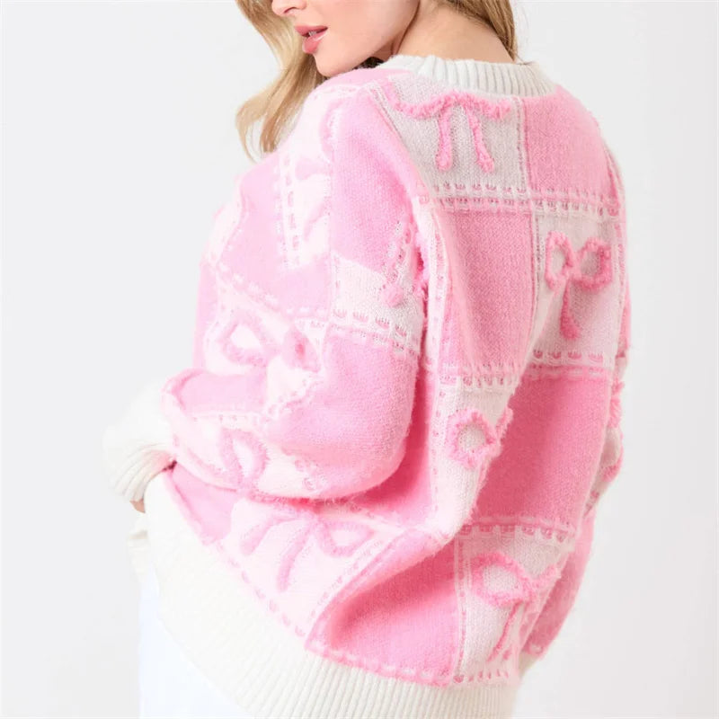 Women's Bow Print Oversized Sweater – Sweet & Stylish Streetwear - Luxepulse