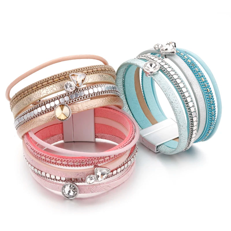 Crystal Cascade Bracelet – Resin Charm Multilayer Leather Wrap - Luxepulse