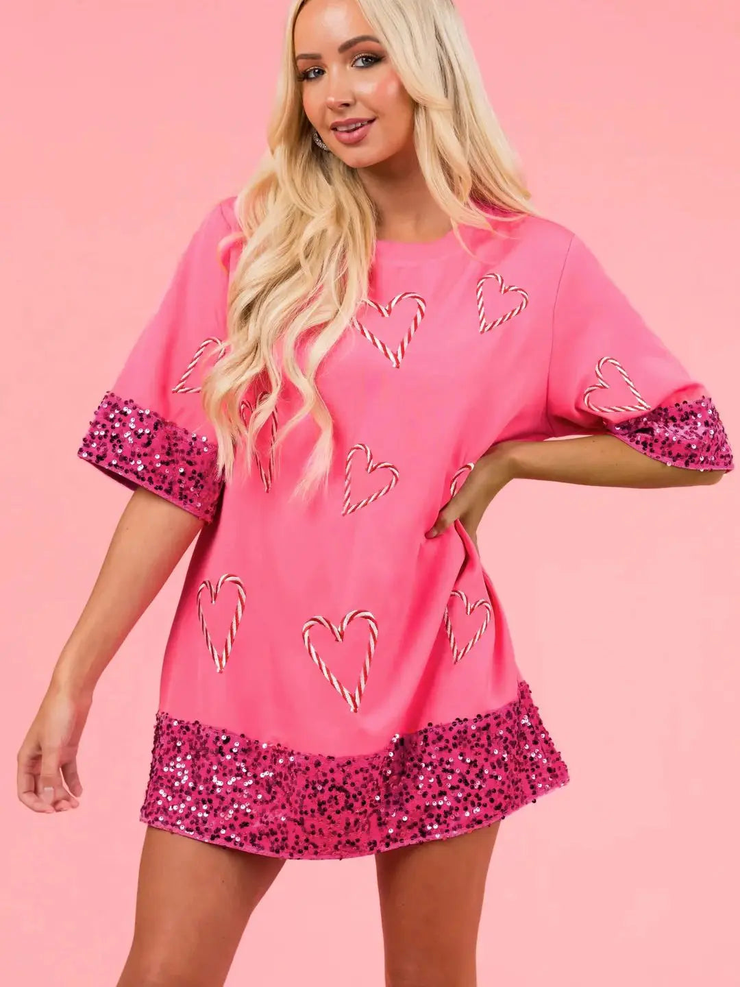 Women's Hot Pink Candy Cane Heart Print T-Shirt with Sparkle Sleeves – Casual & Fashionable - Luxepulse