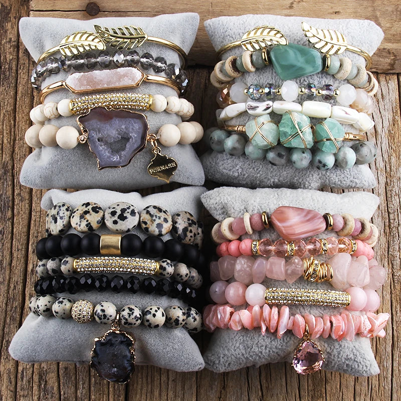 5-Piece Stone & Crystal Charm Bracelet Set - Luxepulse